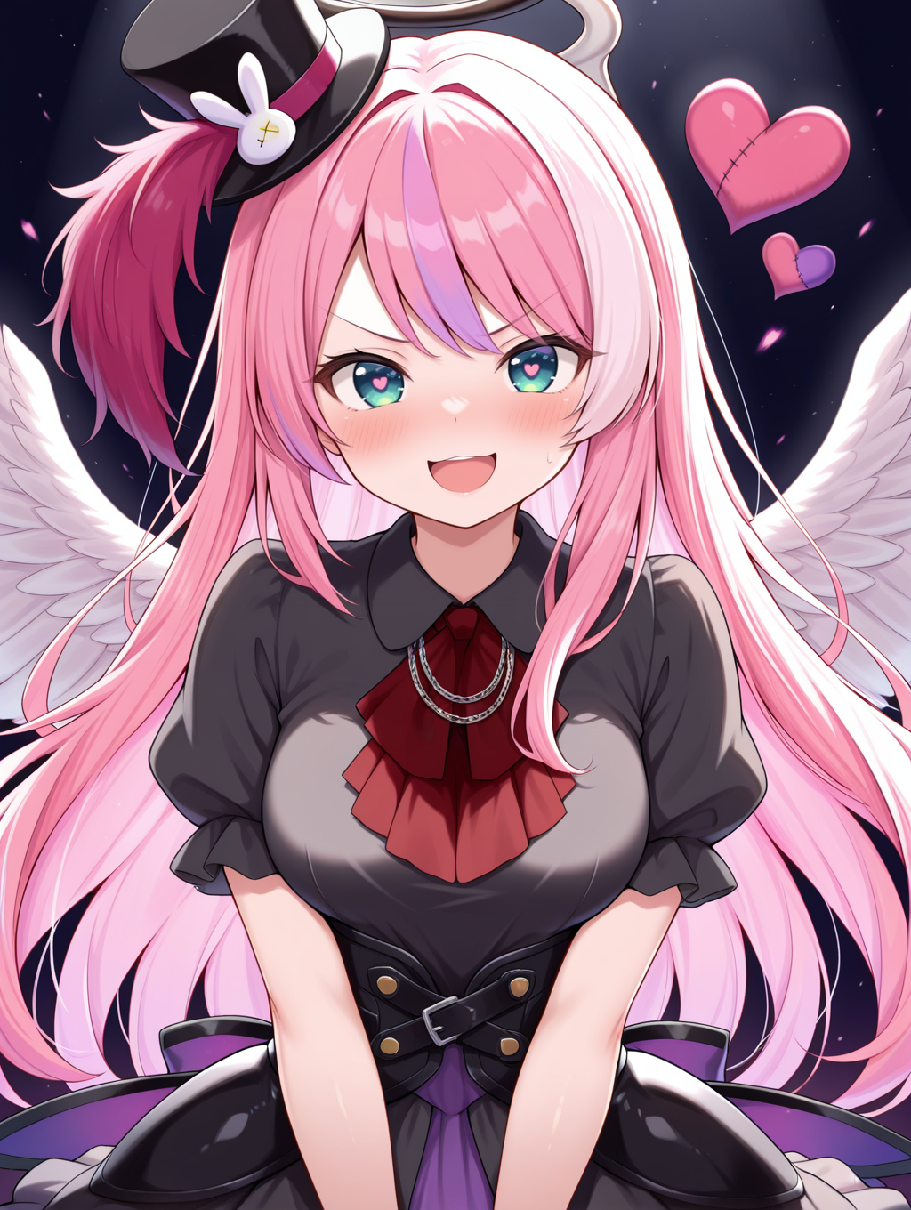 angel, ghostrick angel of mischief, 1girl, stitched heart, solo, open mouth, heart-shaped pupils, smile, upper body, looking at viewer, :d, blush, medium breasts, v-shaped eyebrows, black layered dress, red ascot, black corset, black mini top hat,
masterpiece,best quality,amazing quality,very aesthetic,absurdres,newest,<lora:Ghostrick Angel of Mischief illusXL v1:0.7>,