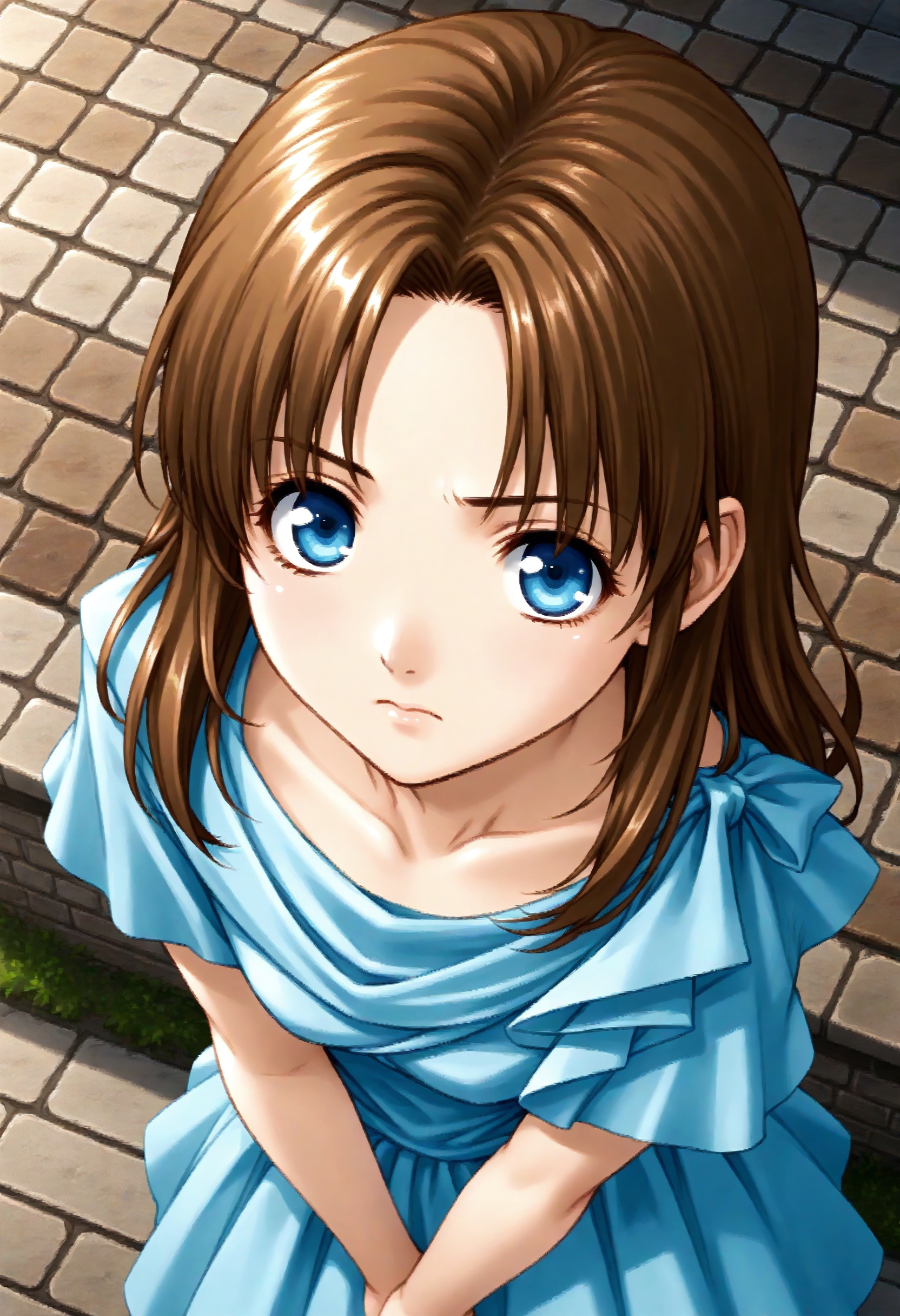 1girl, lilia (ys) , ys ii, <lora:lilia_Pony_v1:0.5>
solo, brown hair, long hair, blue eyes, blue dress,
from above, portrait, looking up, serious, amusement park, closed mouth,