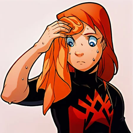 score_9, score_8_up, score_7_up, solo, 1girl, female focus, source_cartoon, 2D, solo, julie_power, red hair, blue eyes, flat chest, super_suit, chest logo, SweatingTowelGuy, sweat, towel, wiping sweat, upper body,