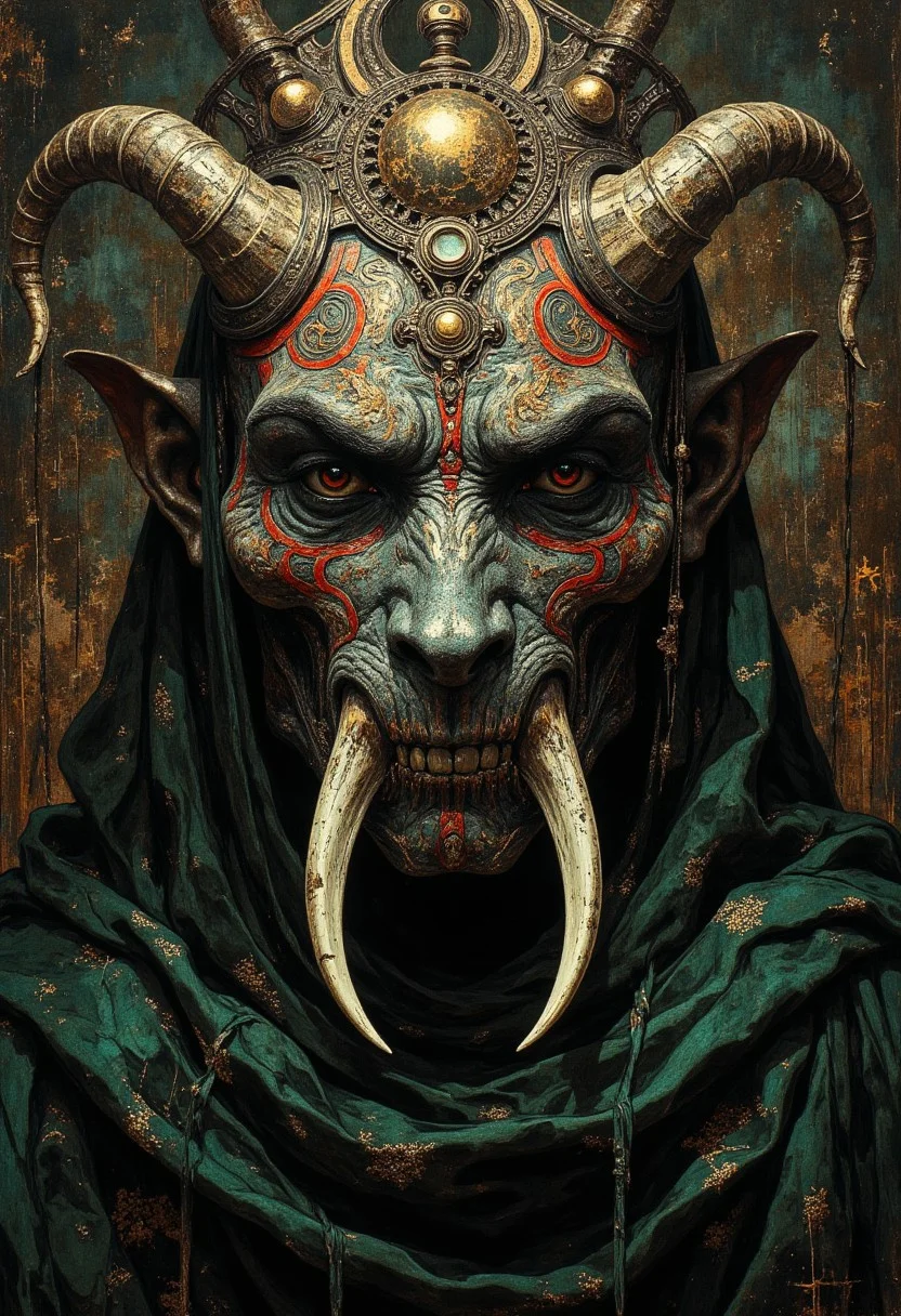 An intricate and imposing mask covering the entire face, crafted with ornate metallic details and embellished with swirling patterns, crescent moon motifs, and gemstone accents. The mask features two prominent tusk-like protrusions curving outward, giving it an intimidating and ceremonial presence. A deep red trim runs subtly along the edges, adding a regal touch to the dark and mysterious aesthetic. The headpiece is crowned with layered metallic segments, each etched with fine engravings, and a central orb resting above the forehead. The figure is cloaked in shadowy, rich green fabric that drapes around the shoulders, blending seamlessly with a dark, textured background filled with abstract, metallic, and ornamental elements. The lighting casts a dim, moody glow, emphasizing the mask’s intricate craftsmanship and the enigmatic aura of the figure.
