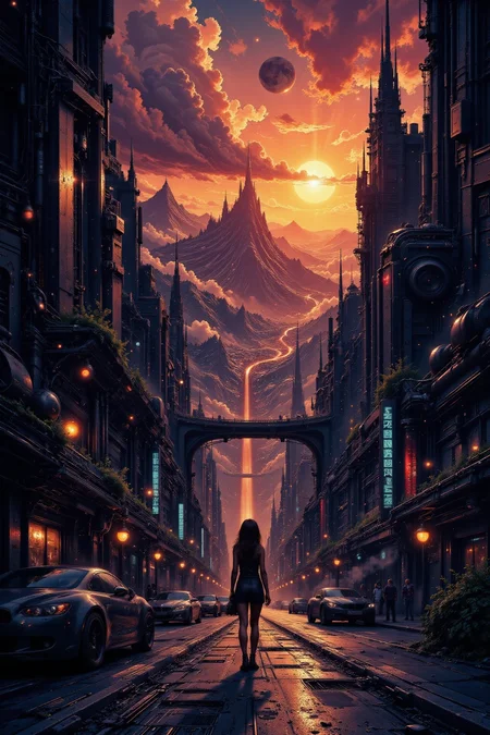 city, street, beautiful misterious futuristic sci-fi cyberpunk landscape, sunset, woman, very intricate, very detailed, sharp, colorful, <lora:Hand v2:1> <lora:Anti-Blur:1> <lora:Insane Detail Slider:0.5>  <lora:Flux.1_Turbo_Detailer:0.6> <lora:flux.1_lora_flyway_Epic-detail_v2:0.6> <lora:flux-charmer-v1-1:0.4><lora:Vibrantly_Sharp_style_v.5:0.4> <lora:The_Dark_Side_Of_The_Future:0.8> <lora:Neurocore Anime Cyberpunk v2.0:0.7> A digital artwork in the style of cknc