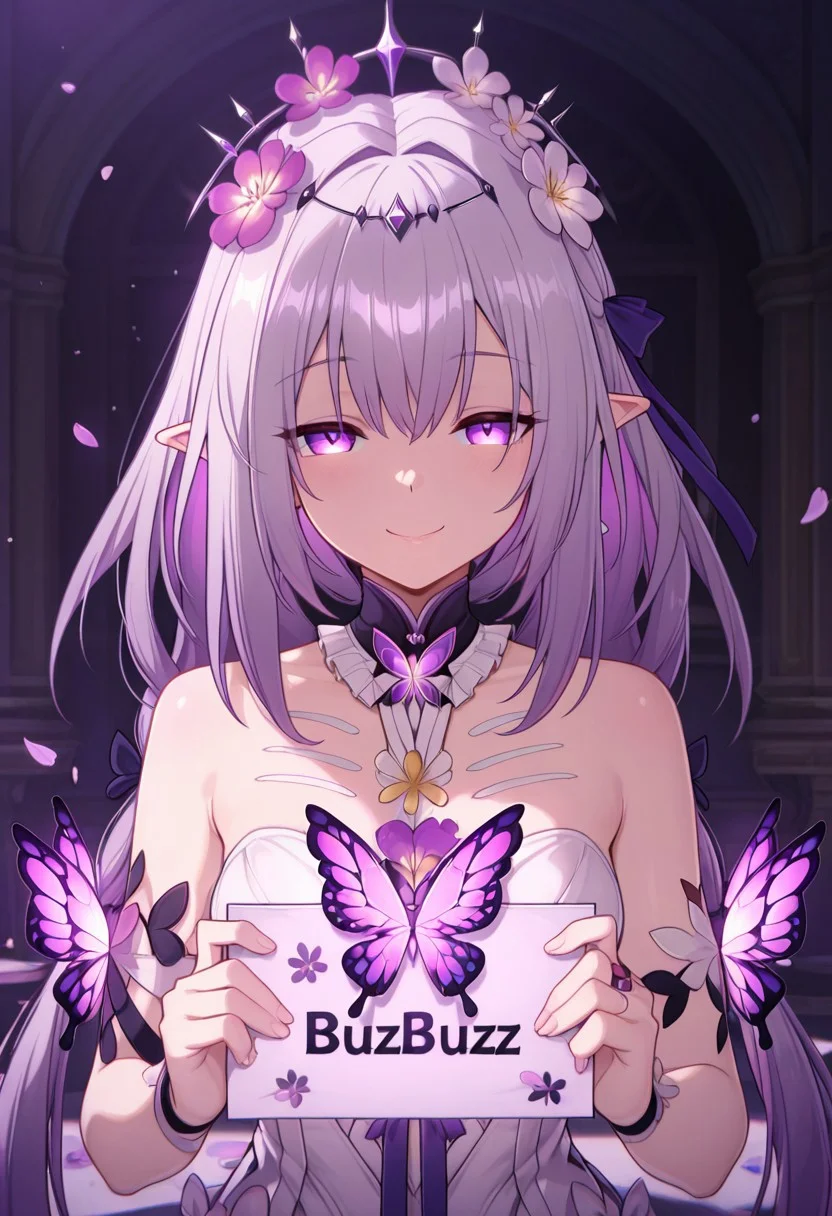 masterpiece, best quality, amazing quality, mischievous smile, CastoriceHSR, purple eyes, pointy ears, twintails, flower, hair flower, butterfly, petals, holding sign of BUZZ BUZZ BUZZ BUZZ