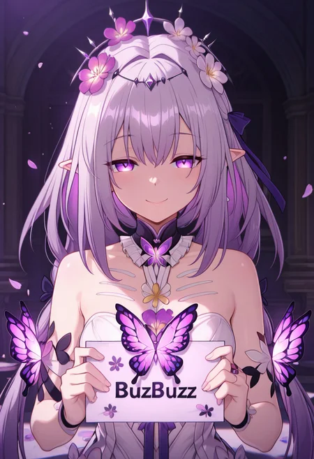 masterpiece, best quality, amazing quality, mischievous smile, CastoriceHSR,  purple eyes, pointy ears, twintails, flower, hair flower, butterfly, petals, holding sign of BUZZ BUZZ BUZZ BUZZ