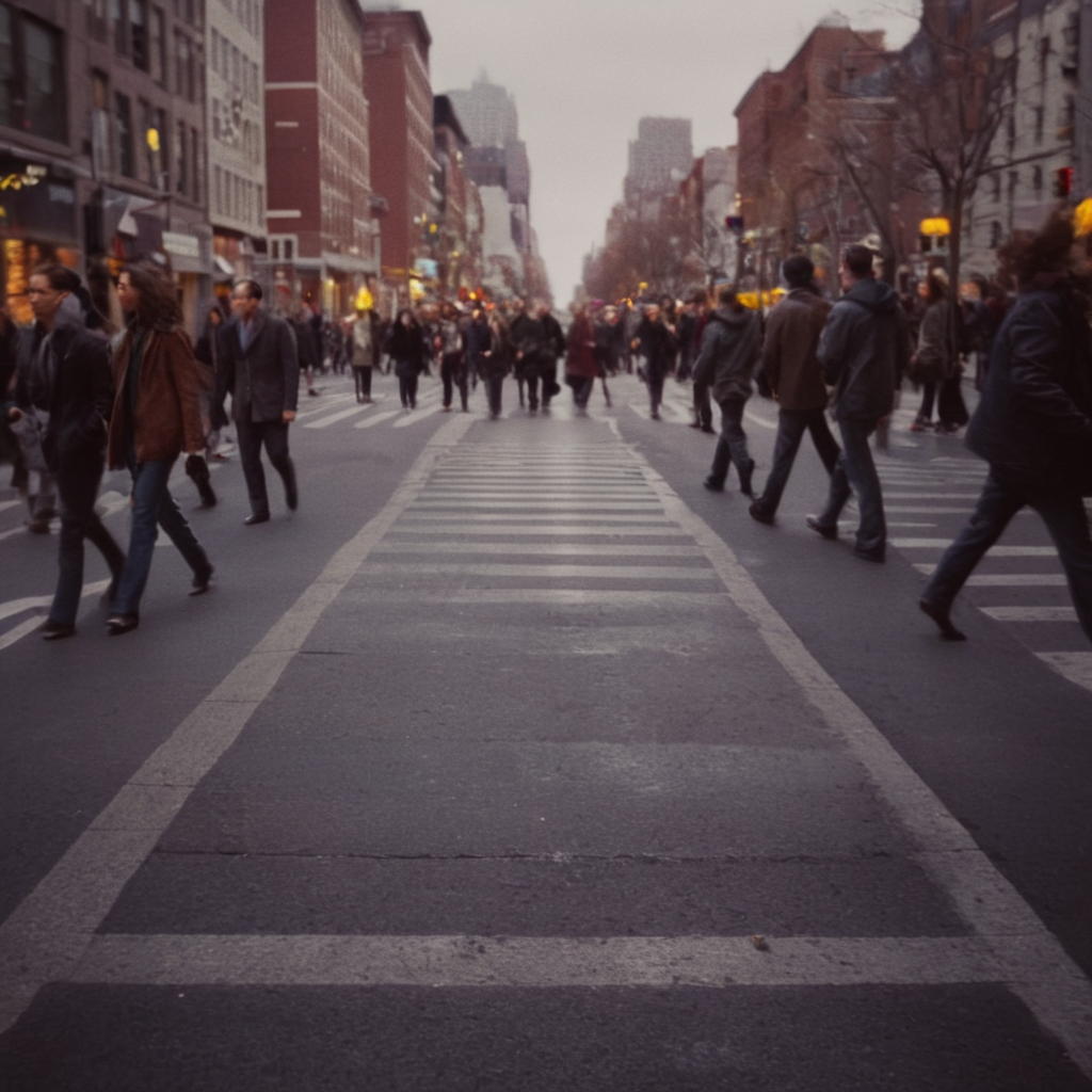 cinematic film still of  <lora:rotated view Style:1> rotated camera angle view style:1.5
a crosswalk in a city with people walking on it,solo,looking at viewer, rotated camera angle view, shallow depth of field, vignette, highly detailed, high budget, bokeh, cinemascope, moody, epic, gorgeous, film grain, grainy