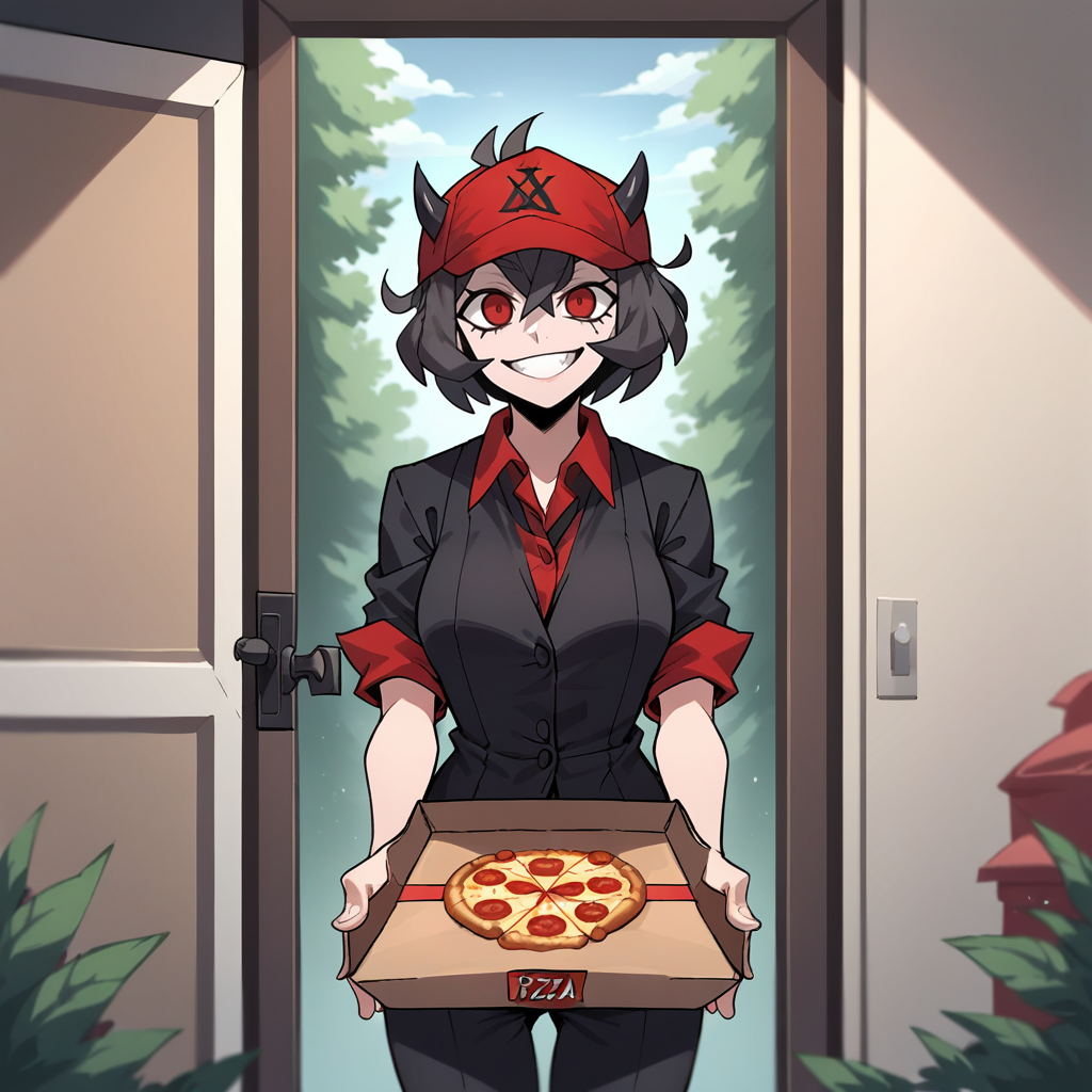 score_9, score_8_up, score_7_up, score_6_up, score_5_up, score_4_up, zPDXL2,source_anime,rating_questionable, 1girl, solo, standing, looking at viewer,  smile,black shirt, red cap, delivery, holding pizza box,   <lora:Front_Door:0.7> d00r, looking at viewer, front door, outdoors, malina_(helltaker), helltaker