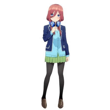 masterpiece, high quality, high res, absurd res, ultra high quality,
<lora:Miku_Nakano_Illustrious_v57:1>, M1kuNakan0_Illu, 1girl, solo, brown-red_hair, hair_over_eye, long_hair, bangs, dark-blue_eyes, headphones, triangle_logo, dark-blue_blazer, open_blazer, cyan_shirt, straps, green_miniskirt, tights, anime_screencap, full body, dress_shoes, white background, simple background,