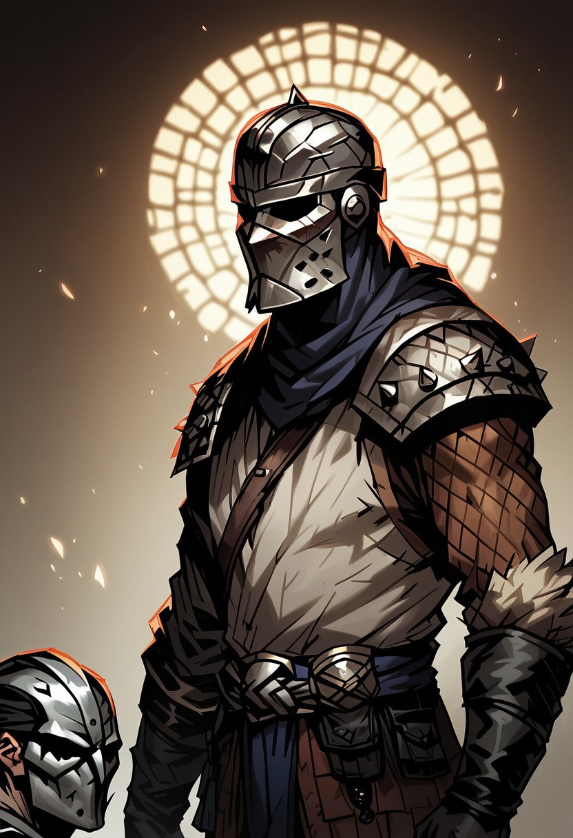 score_9, score_8_up, score_7_up, BREAK, 1boy cowboy-shot, beautiful, dramatic lights ((Bountyhunter. BountyhunterDD. BountyhunterDarkest. Helmet. Mask. spiked helmet, shaded eyes, armor, lether armor, DDstyle. Darkeststyle))