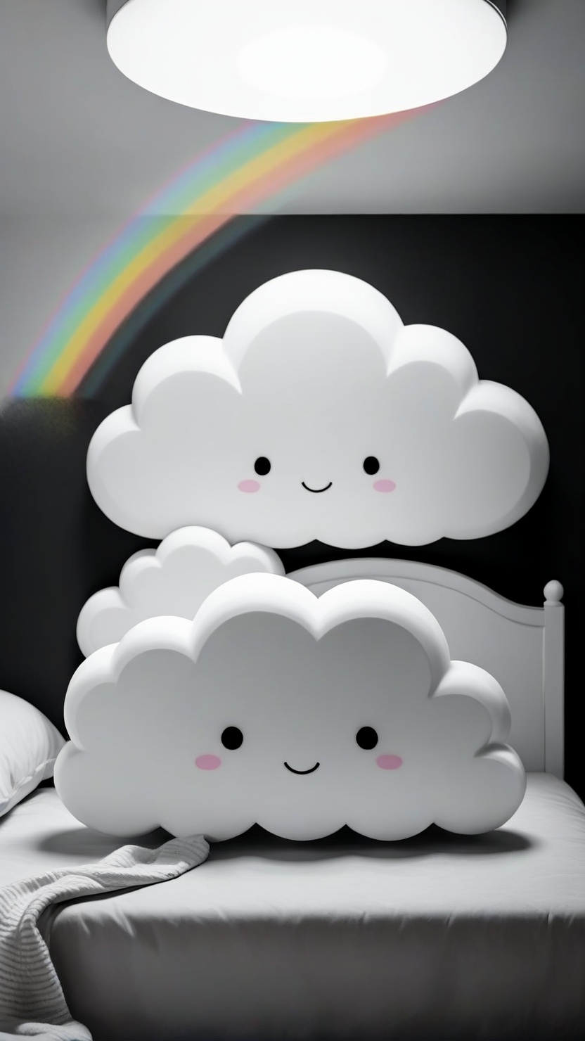 <lora:3DPrintingXL:1>,whitemold,3d printed mold,art style,greyscale,monochrome, Smiling cloud with a fluffy, rounded body and small rainbows emerging from its base, perfect for a sweet and cheerful bedroom atmosphere.