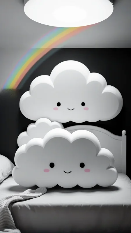<lora:3DPrintingXL:1>,whitemold,3d printed mold,art style,greyscale,monochrome, Smiling cloud with a fluffy, rounded body and small rainbows emerging from its base, perfect for a sweet and cheerful bedroom atmosphere.