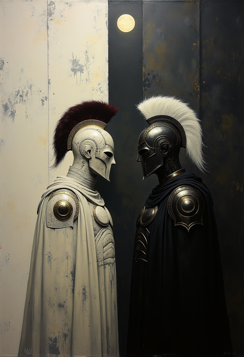 0n1r1c, Create a dramatic impasto painting with drips and painterly smudges of two majestic warriors, inspired by Achilles, the central character in Homer's Iliad, wearing futuristic, metallic full-body armor with a complex, segmented design. 

The painting is divided vertically into three sections.
The left section, only white, is dominate from Hector, his
warrior's helmet should have a striking red horsehair crest.
The background of this left section is a light white.
The middle section, only light gray, showcases a high, arched window below the upper edge of the painting, through which the moon shines.
The background of this middle section is a light gray.
The right section, only dark gray, is dominate from Achilles, his warrior's helmet should have a striking white horsehair crest.
The background of this right section is a dark gray.

Both helmets reminiscent of ancient Greek soldiers.
Both armors should have multiple plates and reinforcements, covering the entire body and combining both ancient and modern aesthetics. 

The shoulder plates and bracers of both armors should feature additional plating with gold accents. Both warriors should wear long, flowing black capes, adding a touch of royalty. Their overall appearance should exude strength, nobility, and a harmonious blend of the antique and the modern. Set the scene in a dark, grand hall with high, arched windows in the background. The painting should emphasize a combination of ancient grandeur and a futuristic, modern, and abstract style, with dramatic lighting features in a monochromatic scheme, primarily in shades of black, white, and gray.

