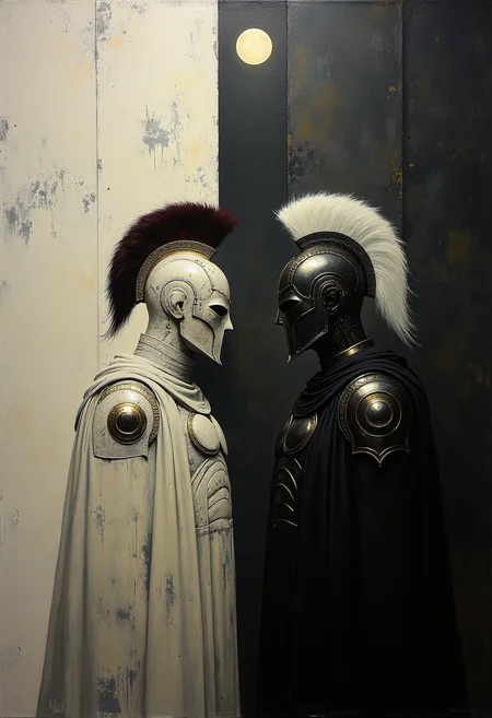 0n1r1c, Create a dramatic impasto painting with drips and painterly smudges of two majestic warriors, inspired by Achilles, the central character in Homer's Iliad, wearing futuristic, metallic full-body armor with a complex, segmented design.
The painting is divided vertically into three sections.
The left section, only white, is dominate from Hector, his
warrior's helmet should have a striking red horsehair crest.
The background of this left section is a light white.
The middle section, only light gray, showcases a high, arched window below the upper edge of the painting, through which the moon shines.
The background of this middle section is a light gray.
The right section, only dark gray, is dominate from Achilles, his warrior's helmet should have a striking white horsehair crest.
The background of this right section is a dark gray.
Both helmets reminiscent of ancient Greek soldiers.
Both armors should have multiple plates and reinforcements, covering the entire body and combining both ancient and modern aesthetics.
The shoulder plates and bracers of both armors should feature additional plating with gold accents. Both warriors should wear long, flowing black capes, adding a touch of royalty. Their overall appearance should exude strength, nobility, and a harmonious blend of the antique and the modern. Set the scene in a dark, grand hall with high, arched windows in the background. The painting should emphasize a combination of ancient grandeur and a futuristic, modern, and abstract style, with dramatic lighting features in a monochromatic scheme, primarily in shades of black, white, and gray.