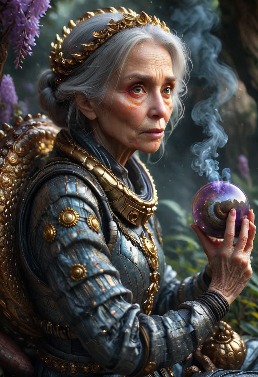 (full body shot), ((an old woman siting with her back to a space mushroom, in an intricate interstellar spacesuit smoking a huge alien pipe and blowing out many huge smoke rings)), (A giant snail|octopus attacking), intricate, (old:1.7), by Moebius and H. R. Giger and Stefan Martiniere and Tomer Hanuka,  hyper detailed, award winning on artstation.com,(intricate details, masterpiece, best quality:1.4), looking at viewer, dynamic pose, wide angle view, dense fog, Different shades of wisteria and grape, embellished with gold decoration, fractal art, in the style of nicola samori, Intense gaze, Bright... ,Model, expression, anthro, Rainbowiridal palette eyes, Shiny..., Bright..., Intense gaze, Fire dragon eyes, Amber cat eyes, Anthro... woman, Genetically modified..., facial expression