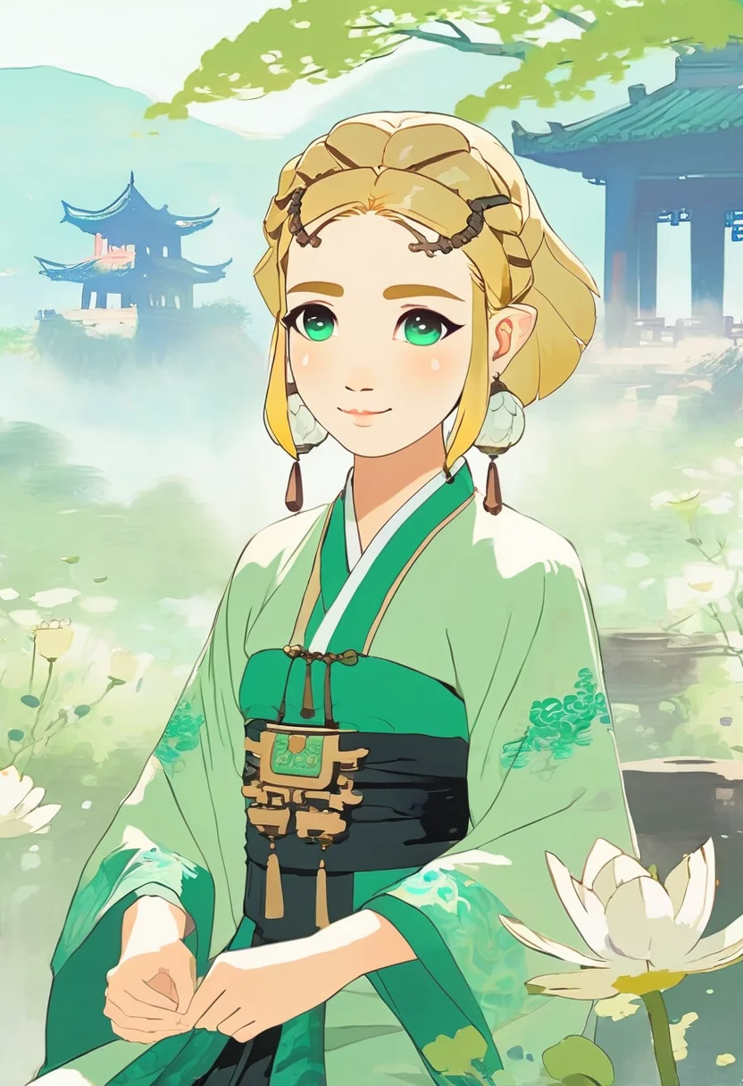 (chinese ink painting:1.9) style of a green eyes girl like totkzelda wearing hanfu Sitting in the middle of the flowers,short blond hair,solo,<lora:xl_totkz:1>,
detailed background, sunny day,smiling,traditional media