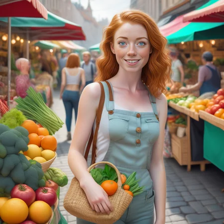 <lora:sophie-molgrin_xl:0.75> sophie-molgrin at a vibrant street market, exploring different stalls. Sheâs dressed in a trendy, colorful outfit, holding a small bag of fresh produce. Her face shows curiosity and enjoyment as she interacts with vendors and takes in the lively atmosphere.