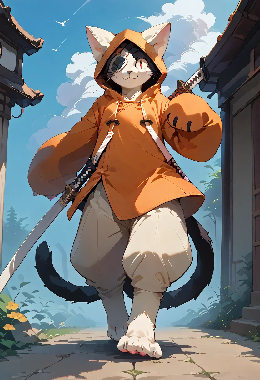 score_9,score_8_up,score_7_up,score_6_up,score_5_up,score_4_up,source_anime,male,kemono,solo,depth of field,ambient occlusion,cinematic lighting,smile,looking forward,sky,jubei,hoodie,red eyes,eyepatch,2 tails,cat,orange hoodie,animal hood,black fur,white fur,two-tone fur,holding weapon,katana,dynamic pose,slash,4 toes,standing,pawpads,smile,katana,<lora:Jubei:0.8>,<lora:pony_pony_2_adamW:1>,(full body:1.3),