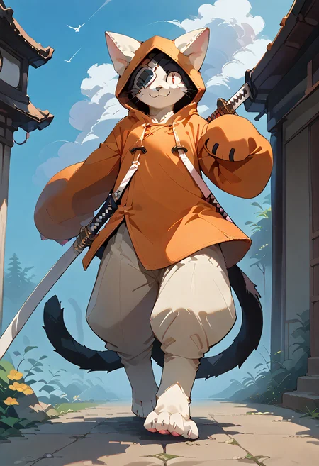 score_9,score_8_up,score_7_up,score_6_up,score_5_up,score_4_up,source_anime,male,kemono,solo,depth of field,ambient occlusion,cinematic lighting,smile,looking forward,sky,jubei,hoodie,red eyes,eyepatch,2 tails,cat,orange hoodie,animal hood,black fur,white fur,two-tone fur,holding weapon,katana,dynamic pose,slash,4 toes,standing,pawpads,smile,katana,<lora:Jubei:0.8>,<lora:pony_pony_2_adamW:1>,(full body:1.3),