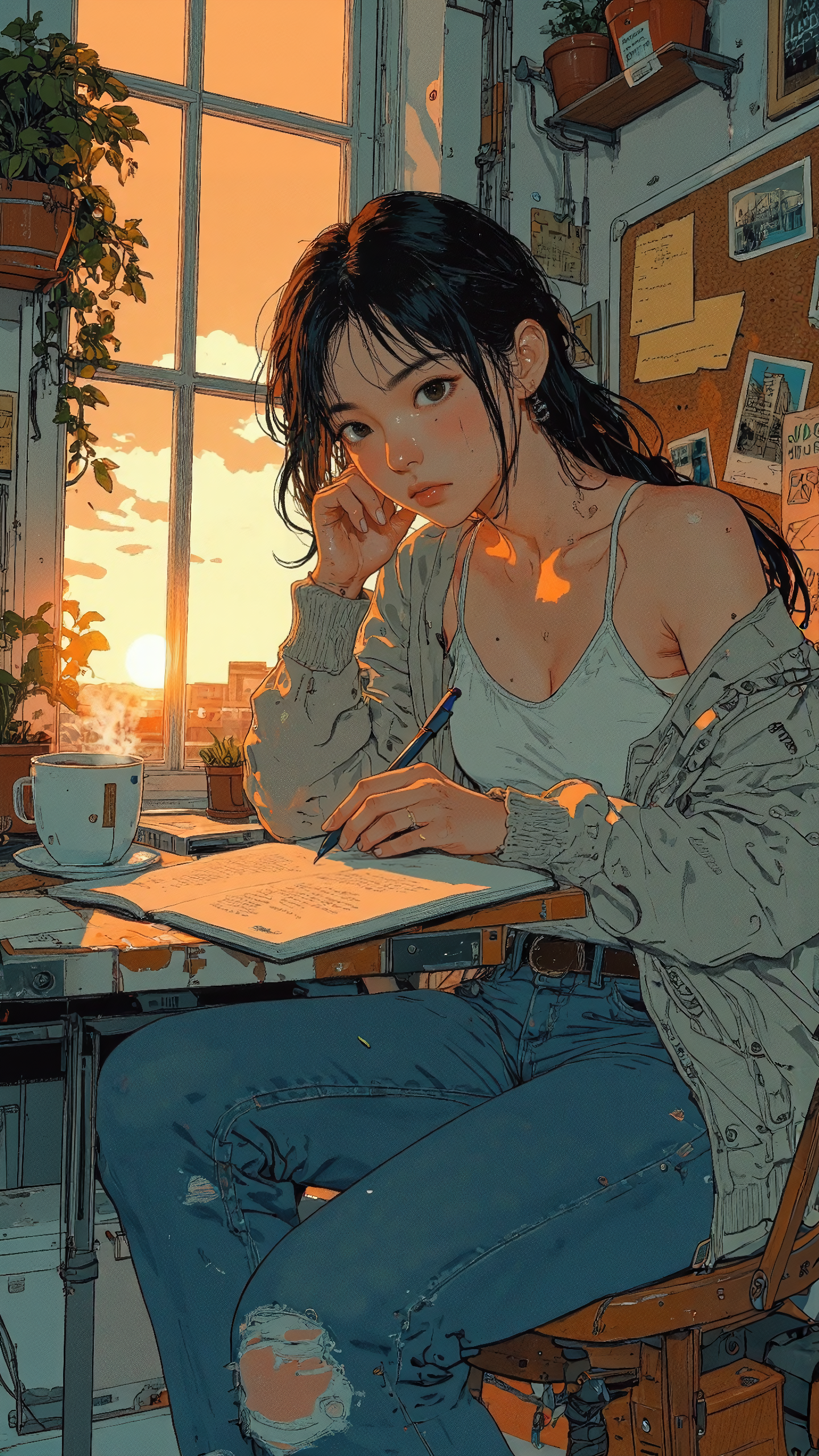 pingtu style, illustration-fen, high-resolution anime-style illustration with impressionistic influences of a young woman sitting at her small desk in a softly lit apartment at sunset. Her dark brown hair is styled into a loose side braid, a few strands framing her focused expression as she writes in a journal. She wears a cozy cardigan over a tank top and fitted jeans, one hand resting on her chin as she thoughtfully taps her pen. The golden evening light spills through the window, casting a warm glow over potted plants, scattered notes, and a corkboard filled with postcards and sketches. A steaming cup of tea and an open book sit beside her, adding to the quiet, introspective atmosphere. Smooth anime shading and warm, painterly sunset hues create a nostalgic and intimate mood <lora:Blue_Future:1.0> <lora:illustration:0.8> <lora:Anime_v1.3:0.9>