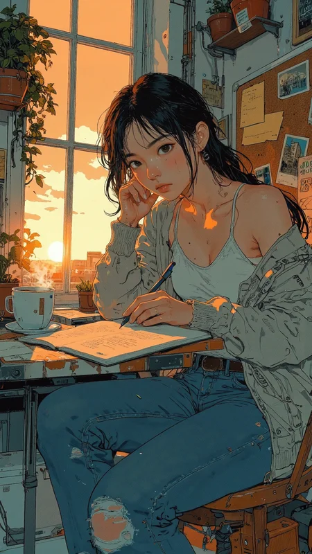 pingtu style, illustration-fen, high-resolution anime-style illustration with impressionistic influences of a young woman sitting at her small desk in a softly lit apartment at sunset. Her dark brown hair is styled into a loose side braid, a few strands framing her focused expression as she writes in a journal. She wears a cozy cardigan over a tank top and fitted jeans, one hand resting on her chin as she thoughtfully taps her pen. The golden evening light spills through the window, casting a warm glow over potted plants, scattered notes, and a corkboard filled with postcards and sketches. A steaming cup of tea and an open book sit beside her, adding to the quiet, introspective atmosphere. Smooth anime shading and warm, painterly sunset hues create a nostalgic and intimate mood <lora:Blue_Future:1.0> <lora:illustration:0.8> <lora:Anime_v1.3:0.9>