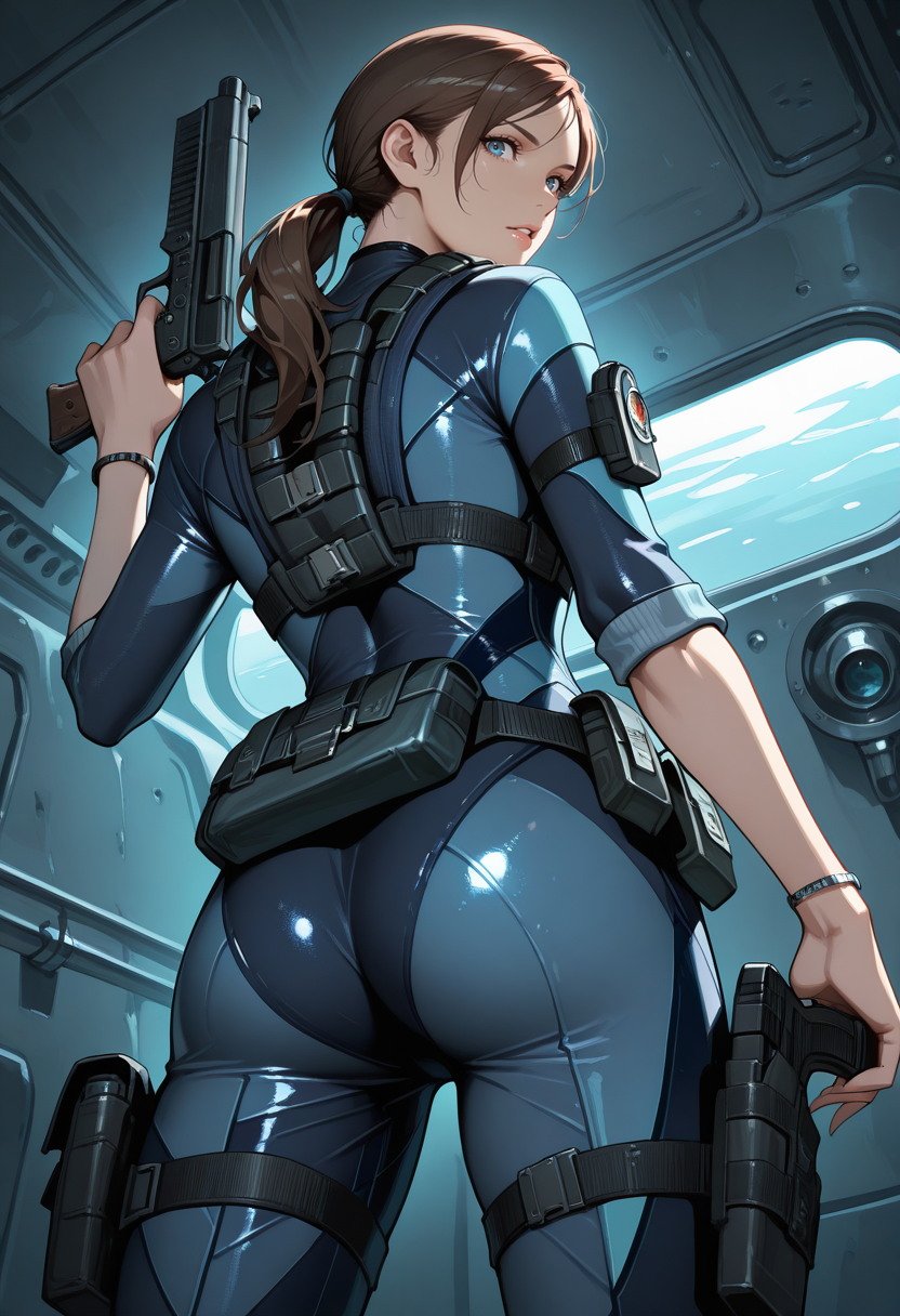masterpiece, best quality, newest, absurdres, highres,   <lora:JillValentineIllustrious:1>,REVJV, low ponytail,  brown hair, wetsuit, bodysuit, harness, utility belt,sleeves rolled up, bracelet, utility belt,  thigh holster,  metal wall, submarine interior, blue eyes, parted lips, looking over shoulder, holding gun, looking at viewer, back, from behind, ass, blue eyes,  from below,