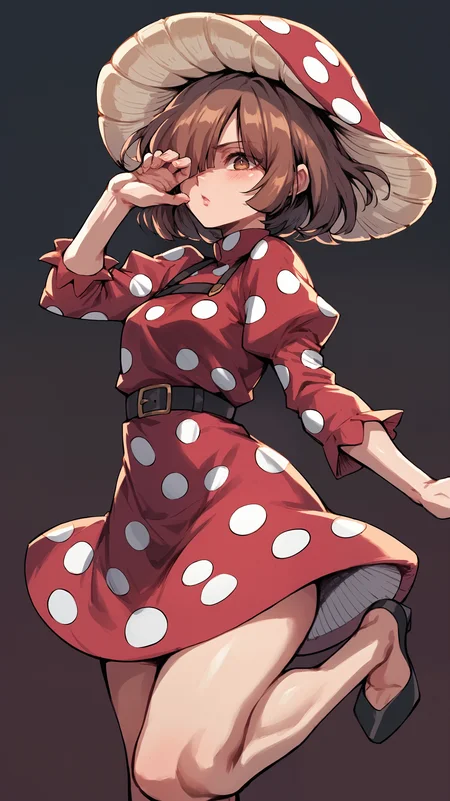 score_9,score_8_up,score_7_up,score_6_up, source_anime, girl, <lora:aRoodNoodle_epoch_14:0.8>, aRoodNoodle, artstyle, soft colors, pastel colors, desaturated, leg up, dynamic pose, <lora:Kinoko Komori (Shemage) - Pony:0.5> short hair, brown hair, bangs, hair covering one eye, brown eyes, mushroom cap hat, red dress, polka dot dress, black belt, gradient background,