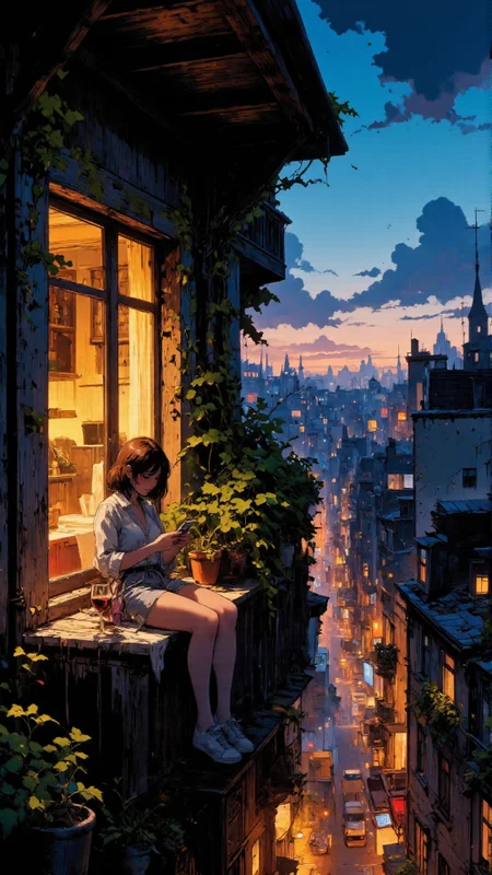 Comic book style,aidmaimageupgrader, a young woman sits on a charming Parisian balcony at dusk, bathed in the warm glow of the apartment’s golden lights. She wears a casual summer outfit, relaxed yet elegant, as she scrolls through her phone with a glass of wine beside her. Lush green vines drape over the railings, adding a touch of nature to the cozy setting. The cityscape below is alive with warm lights and soft, dreamy hues of deep blues and purples, creating a striking contrast with the glowing interior. The atmosphere is intimate, cinematic, and painterly, evoking a feeling of solitude, relaxation, and quiet contemplation, moody lighting, impressionist brushstroke style, romantic European ambiance, <lora:Comic book V2_flux_styles:1>, <lora:aidmaImageUpraderv0.3:0.4>