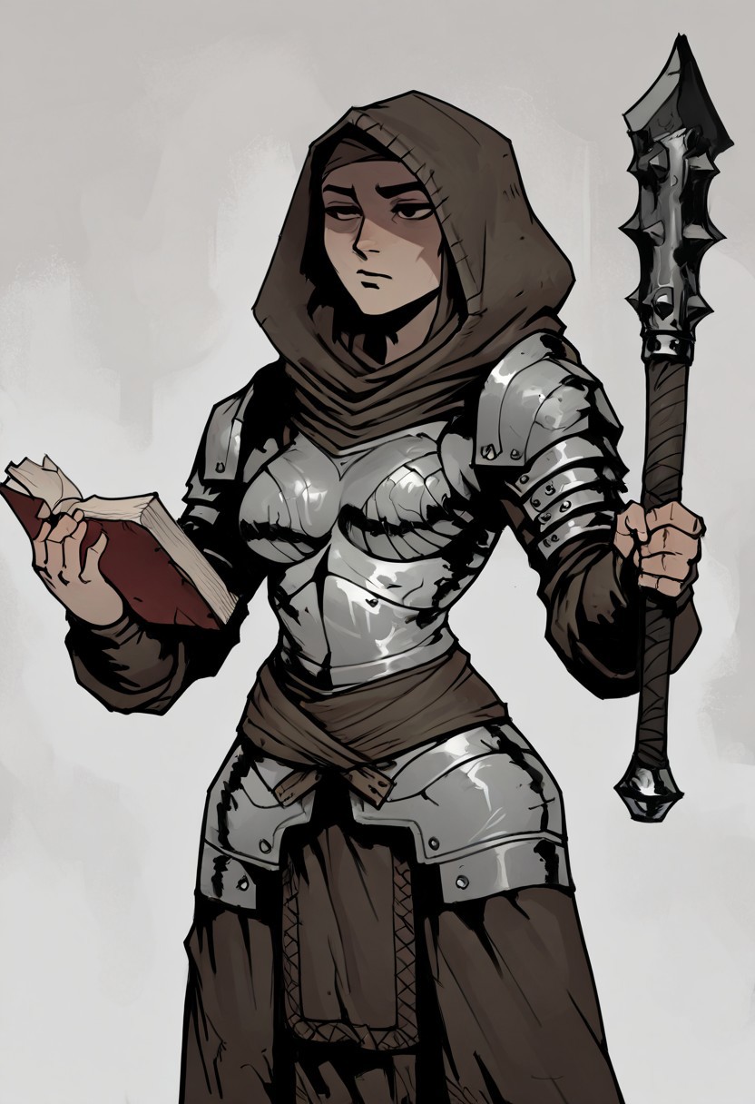 masterpiece, best quality, newest, absurdres, highres, arbuz_budesh, 1girl,  DDVESTL-V1.0, 1girl, armor, hood, shoulder pads, breastplate, shoulder armor, pauldrons, book, weapon, mace, holding, holding book, holding mace, holding weapon, black eyes, shaded eyes,
