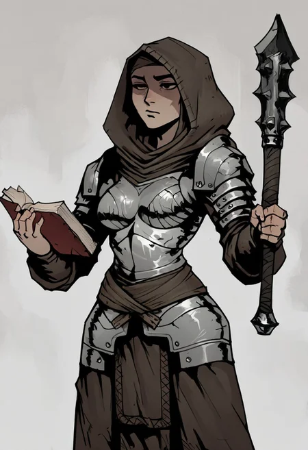 masterpiece, best quality, newest, absurdres, highres, arbuz_budesh, 1girl, DDVESTL-V1.0, 1girl, armor, hood, shoulder pads, breastplate, shoulder armor, pauldrons, book, weapon, mace, holding, holding book, holding mace, holding weapon, black eyes, shaded eyes,