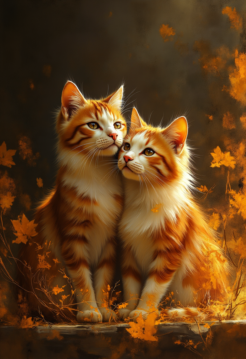 Step into a captivating world of minimalistic modern art where orange and white harmonize in perfect balance against a stark black backdrop. Within this enchanting realm lies an ethereal figure, void of any facial features but exuding warmth and serenity. Elegantly poised amidst this abstract canvas, two felines gracefully embrace one another, their playful gazes inviting us into their joyous bond. With every stroke of vivid orange, subtle white, and enigmatic black, this captivating composition beckons us to pause, reflect, and connect on an emotional level with these feline muses as they bask in the radiant glow of friendship. ,<lora:flux/fav/paint_style_001_fluxd_1.1.safetensors:1.0:1.0>