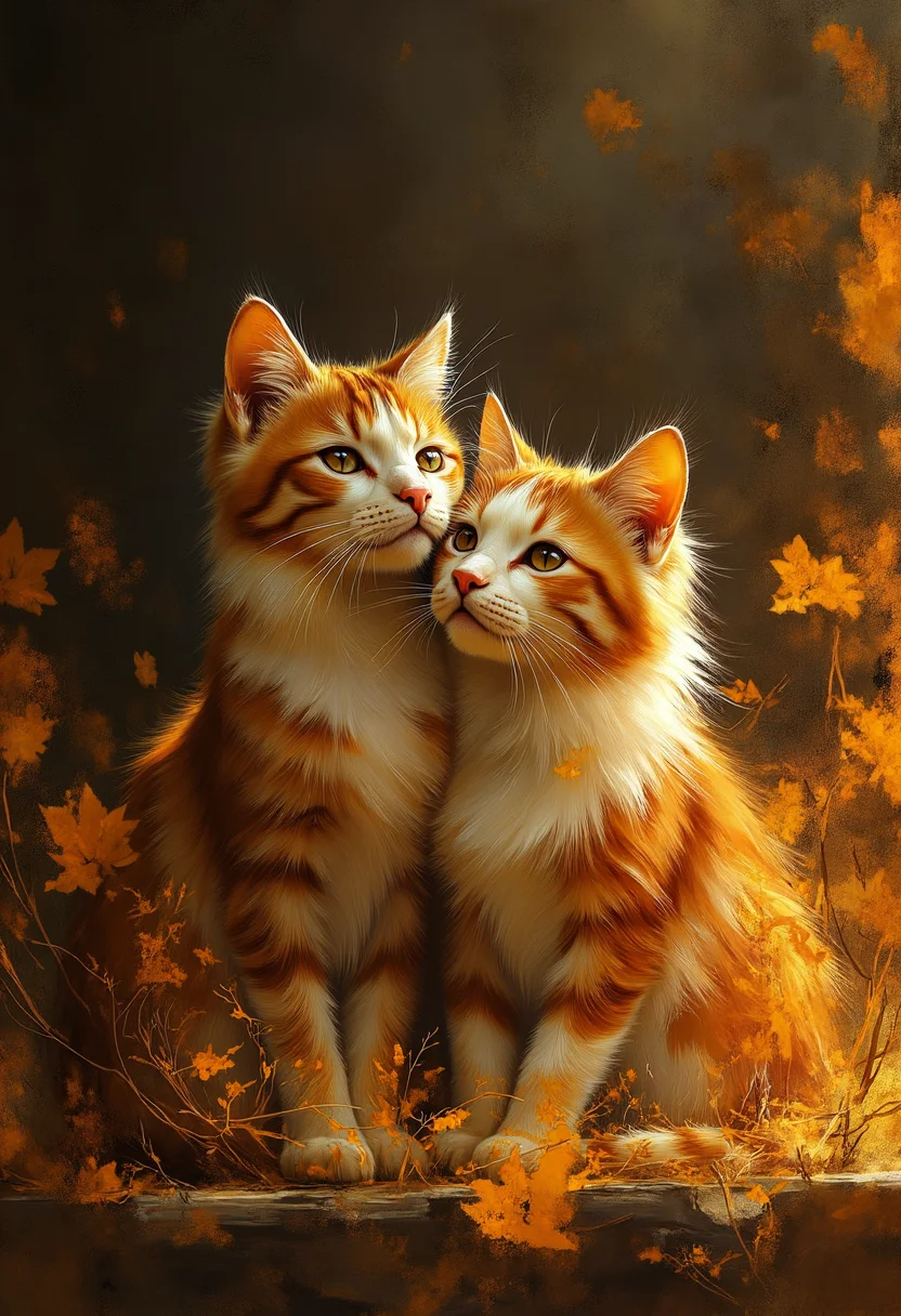 Step into a captivating world of minimalistic modern art where orange and white harmonize in perfect balance against a stark black backdrop. Within this enchanting realm lies an ethereal figure, void of any facial features but exuding warmth and serenity. Elegantly poised amidst this abstract canvas, two felines gracefully embrace one another, their playful gazes inviting us into their joyous bond. With every stroke of vivid orange, subtle white, and enigmatic black, this captivating composition beckons us to pause, reflect, and connect on an emotional level with these feline muses as they bask in the radiant glow of friendship. ,<lora:flux/fav/paint_style_001_fluxd_1.1.safetensors:1.0:1.0>