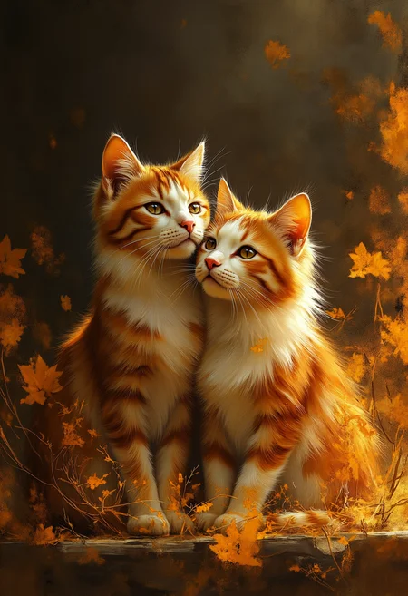 Step into a captivating world of minimalistic modern art where orange and white harmonize in perfect balance against a stark black backdrop. Within this enchanting realm lies an ethereal figure, void of any facial features but exuding warmth and serenity. Elegantly poised amidst this abstract canvas, two felines gracefully embrace one another, their playful gazes inviting us into their joyous bond. With every stroke of vivid orange, subtle white, and enigmatic black, this captivating composition beckons us to pause, reflect, and connect on an emotional level with these feline muses as they bask in the radiant glow of friendship. ,<lora:flux/fav/paint_style_001_fluxd_1.1.safetensors:1.0:1.0>