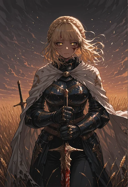 score_9, score_8_up, score_7_up, masterpiece, best quality, very aesthetic, Kohei Horikoshi, My Hero Academia, (dynamic:1), highres, detailed, 1girl, KnightLeda, blonde hair, bangs, crown braid, messy hair, hair floating on wind, yellow eyes, (glowing eyes:1.1), tired, (sad, cry, tears:1.1), blood on face, needle knight armor, white cape, (dirty cape, teared cape, damaged cape:1.1), large breasts, blood on armor, (wounded, teared armor, damaged armor:1.2), holding sword, leda sword, planted sword, (tired pose:1.1), blood on sword, gloves, gauntlets, black pants, wheat field, cloudy sky, godrays, dramatic lights
<lora:Needle_Knight_Leda_-_Maly007_lora:0.7>::0.3
<lora:Horikoshi:0.9>