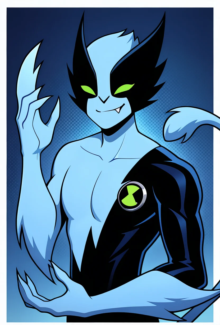<lora:fastrack-10:1> fastrack, solo, blue skin, green eyes, claws, green badge, fang, smile, blue background, feline tail, facing viewer, pose, wide jaw, masculine, blue chest, claws showcase,, masterpiece, best quality, amazing quality, very aesthetic, absurdres, newest,, upper body, halftone effect, white borders, abstract background:1.2,
