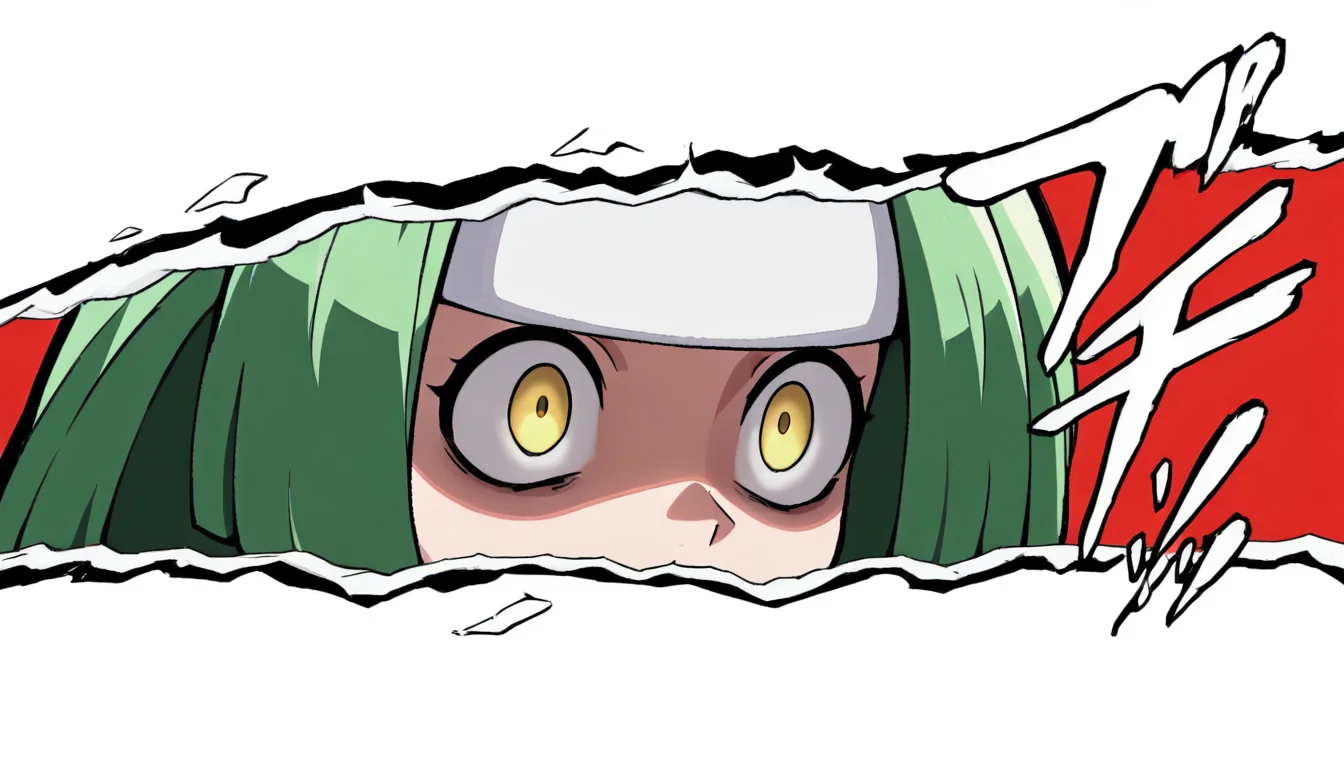 <lora:PersonaCutIn_Noob_Incrs_v1:1>, letterboxed, sound effects, style parody, cut-in, simple background, border, close up, <lora:Channeler:1>, Channeler, green hair, long hair, yellow eyes, empty eyes, shaded face, white headband