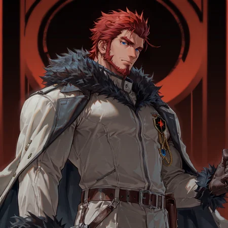 <lora:Zeke_Alchemist_Code-000003:.8> tagatamezeke, 1boy, red hair, slicked back, sideburns, spiked hair, blue eyes, solo, male focus, manly, muscle body, bara, mature male, coat, fur trim, emblem, belt, boots, pants, armor, gloves,
upper body, looking at the viewer,
(very short hair, beard, bara, mature, facial hair, stubble, beard, full beard, sideburn, beard, a lot of beard, ), facial hair,male focus, muscular male, muscular male, bara, mature,  bara, mature, aixiwuganda_(20222192), very awa, masterpiece, best quality, absurdres, newest, perfect quality, detailed background, intricate details,
<lora:slider_Body Type_alpha1.0_rank4_noxattn_last:3><lora:Anime Summer Days 2 Style SDXL_LoRA_Pony Diffusion V6 XL:.6><lora:slider_cfg_scale_boost:.7><lora:Artist6p:.55>, Artist6p, Artist04p,<lora:slider_il_brightness_slider_d1:-1><lora:slider_il_contrast_slider_d1:-1><lora:slider_DarkSlider1.2_alpha1.0_rank16_full_300steps:-.6>