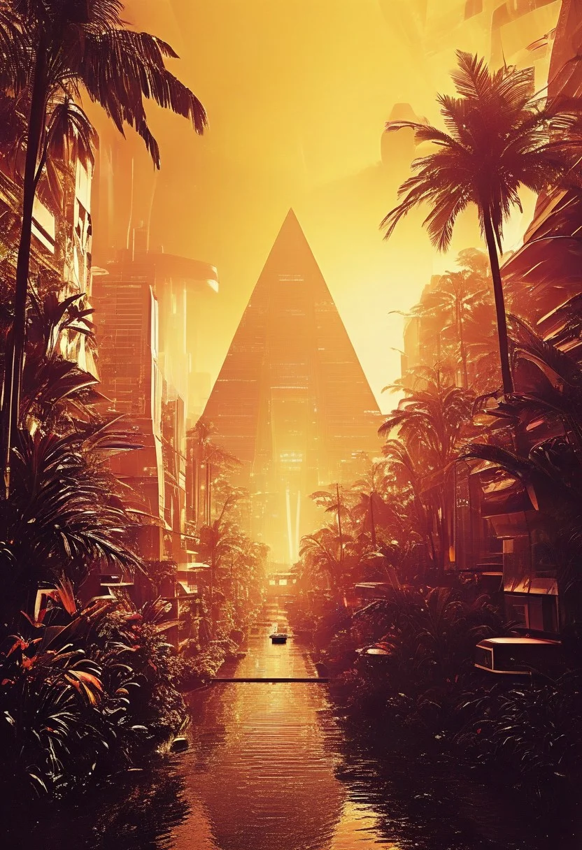 ()Hyoer Realistic:2.0)Polaroid picture
an image of
A futuristic, tropical Blade Runner cityscape, bathed in warm, golden sunlight. Pyramid-style skyscrapers, inspired by Syd Mead's iconic design, rise from the lush, vibrant jungle. The air is filled with the sweet scent of blooming flowers and the sound of tropical birds. The atmosphere is one of serene, futuristic tranquility, as if the city has been transported to a tropical paradise. Render in a highly detailed, photorealistic style, with intricate textures and vivid colors.