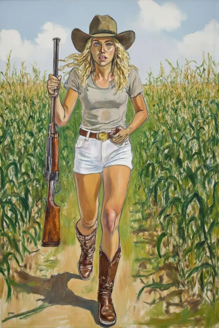 aliceneel2 painting.
A blonde cowgirl in white short shorts running in a corn field, she is wearing a cowboy hat and holding a shotgun.  <lora:aliceneel2_d8a4:1.0><lora:866321000092937354:0>