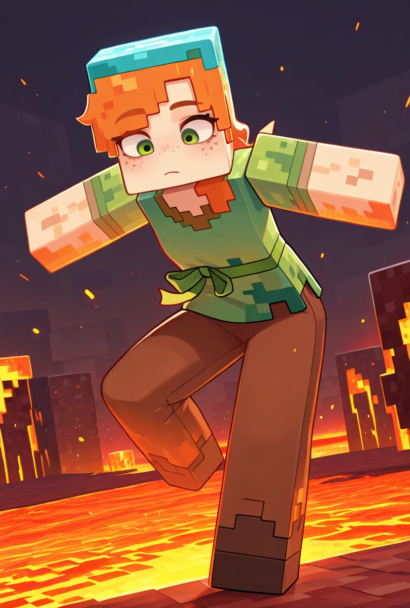 <lora:alexmc-05:1> alexmc, orange hair, 1girl, solo, green eyes, long green shirt, brown pants, short sleeves, freckles, square arms, square body, green waist ribbon, minecraft nether, minecraft world, lava, red floor, dynamic pose, blue helmet,, masterpiece, best quality, amazing quality, very aesthetic, absurdres, newest,