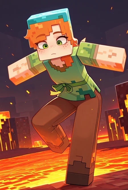 <lora:alexmc-05:1> alexmc, orange hair, 1girl, solo, green eyes, long green shirt, brown pants, short sleeves, freckles, square arms, square body, green waist ribbon,    minecraft nether, minecraft world, lava, red floor, dynamic pose, blue helmet,, masterpiece, best quality, amazing quality, very aesthetic, absurdres, newest,