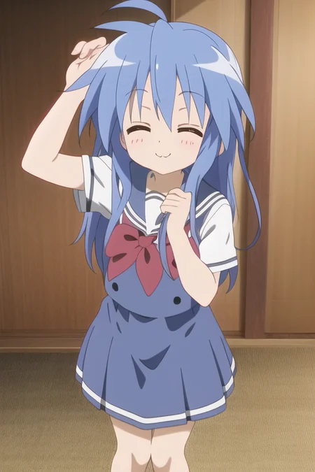best quality, (konataOrig-5000:.9), white and blue school uniform, eyes closed, uwu