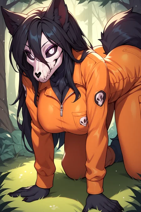 score_9, score_8_up, score_7_up, score_6_up, BREAK, MaloSCPXL, anthro furry, furry female, body fur, black fur, head skull, white eyes, glowing eyes, black sclera, black hair, long hair, hair between eyes, animal ears, black tail, large breasts, orange jumpsuit, solo, all fours, seductive smile, looking at viewer, forest, tree <lora:MaloSCPXL:1>