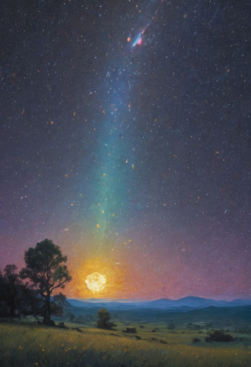 Colorful vincent van gogh starry night sky :: cinematic 16k resolution masterpiece illustration painting consisting of oil, watercolors and ink :: spiral galaxy in the sky :: alien invasion fleet :: frisco watercolors and oil sky raining shooting stars twinkling stars glistening stars glittery stars large full moon stars :: Ivan Aivazovsky Kentaro Miura Gustave Dore Greg Rutkowski romantic naturalism starry night landscape :: intricate motifs perfect composition masterpiece insanely-detailed extreme-detailed hyper-detailed beautiful volumetric deep rich colors volumetric lighting shadows Ray tracing smooth perfect texture :: james webb space telescope