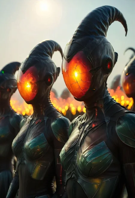 vibrant black-rainbow sss glowing, 
pointed hat, translucent skin, humanity=parasites Standing in a row, and the expressions of the onlookers as they witness this extraordinary performance., amazing quality, masterpiece, best quality, hyper detailed, ultra detailed, UHD, perfect anatomy, portrait, dof, hyper-realism, majestic, awesome, inspiring, atmospheric haze, cinematic composition, soft shadows, national geographic style
