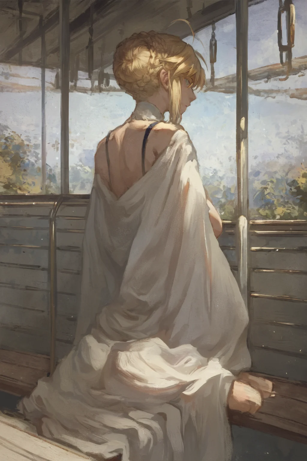 score_9, score_8_up, score_7_up, rating_explicit, rating_questionable, artoria pendragon \(fate\), solo, solo focus, cowboy shot, high contrast,wide shot,detailed background, Sitting on a bench in a train station, looking out with a mix of excitement and anticipation., <lora:nat_the_lich_canvas:1>