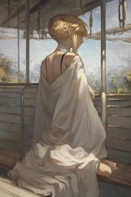 score_9, score_8_up, score_7_up, rating_explicit, rating_questionable, artoria pendragon \(fate\), solo, solo focus, cowboy shot, high contrast,wide shot,detailed background, Sitting on a bench in a train station, looking out with a mix of excitement and anticipation., <lora:nat_the_lich_canvas:1>