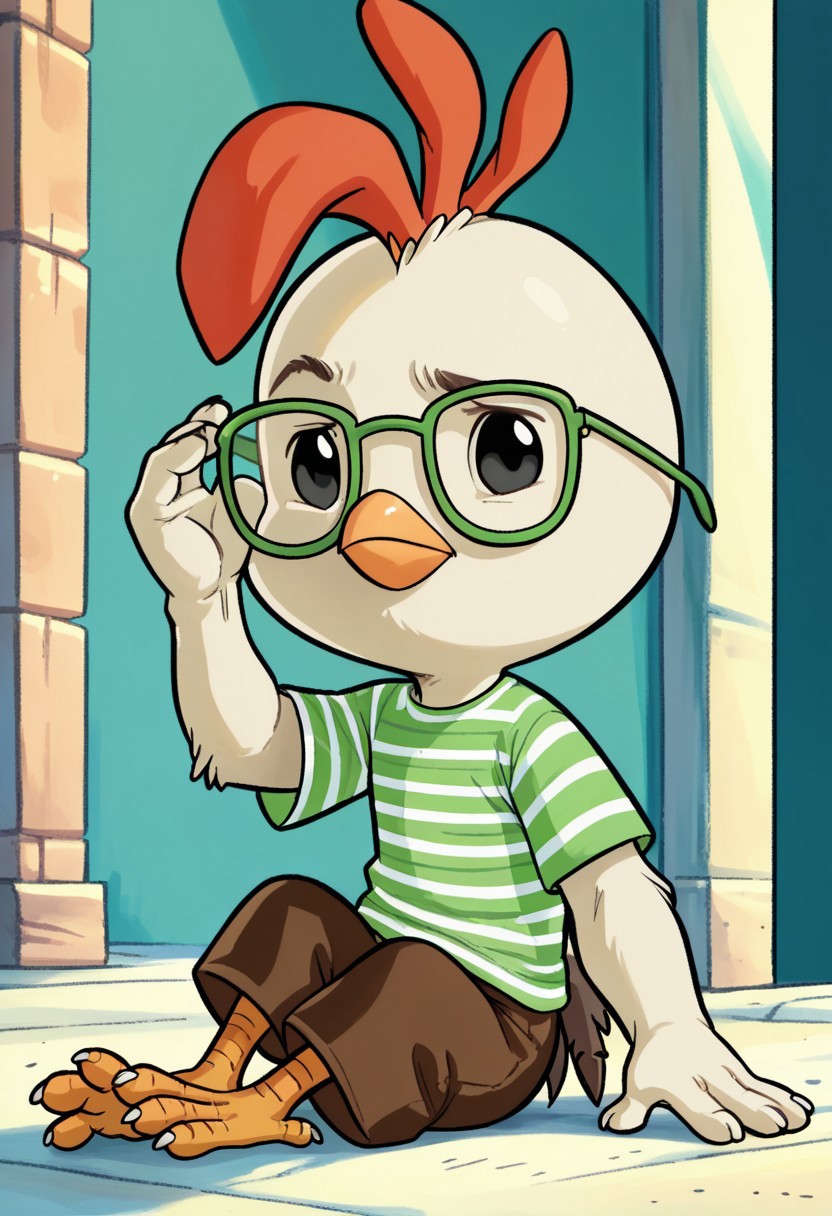 score_9, score_8_up, score_7_up, Chicken_Little, chicken, anthro, feathers, 1boy, black eyes, green glasses, striped shirt, brown shorts, tiny male, beak