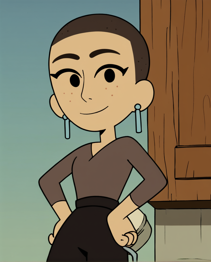 <lora:KatCOTCpony:1> kat, earrings, solo, shirt, 1girl, very short hair, brown hair, smile, black eyes, long sleeves, pants,outdoors,, score_9, score_8_up, score_7_up, score_6_up, score_5_up, score_4_up, looking at viewer, hand on own hip, cowboy shot,