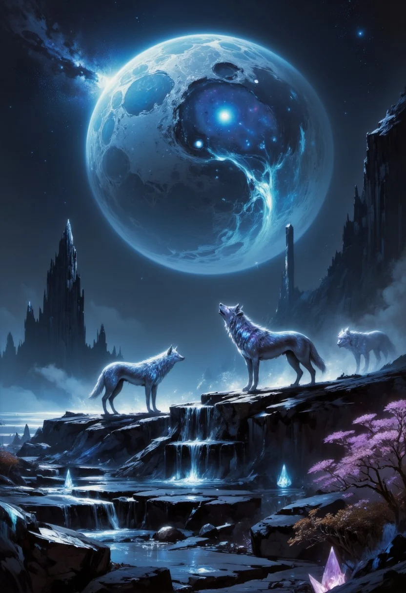 Under a brilliant full moon, a pack of fantastical wolves gathers on a surreal, rocky landscape filled with glowing, otherworldly crystals that jut out from the ground like ancient monoliths. The scene is bathed in a cold, electric blue light, with the moon hanging low in the sky, almost touching the horizon, its surface detailed with swirling patterns and craters that seem to pulse with an inner light. Each wolf is adorned with ethereal, translucent markings that glow faintly in the moonlight, their sleek, elongated forms moving with a grace that seems almost supernatural. Their eyes, large and reflective, mirror the cosmos above, giving them a mystical, wise appearance. The sky is filled with vibrant nebulas and distant stars, creating a stunning, dreamlike backdrop that stretches endlessly. The wolves’ fur shimmers with hues of blue, silver, and violet, blending seamlessly into the cosmic light that envelops them, giving the impression they are part of the stars themselves. The ground beneath them is dotted with tiny glowing plants and fungi, creating a bioluminescent carpet that flickers like a field of stars. The lead wolf, larger than the rest, stands on a crystal outcrop, its gaze fixed upwards as if communing with the cosmos. (Sci-fi fantasy elements and detailed cosmic landscape:1.2), (Best quality:1.2), (high resolution:1.3)