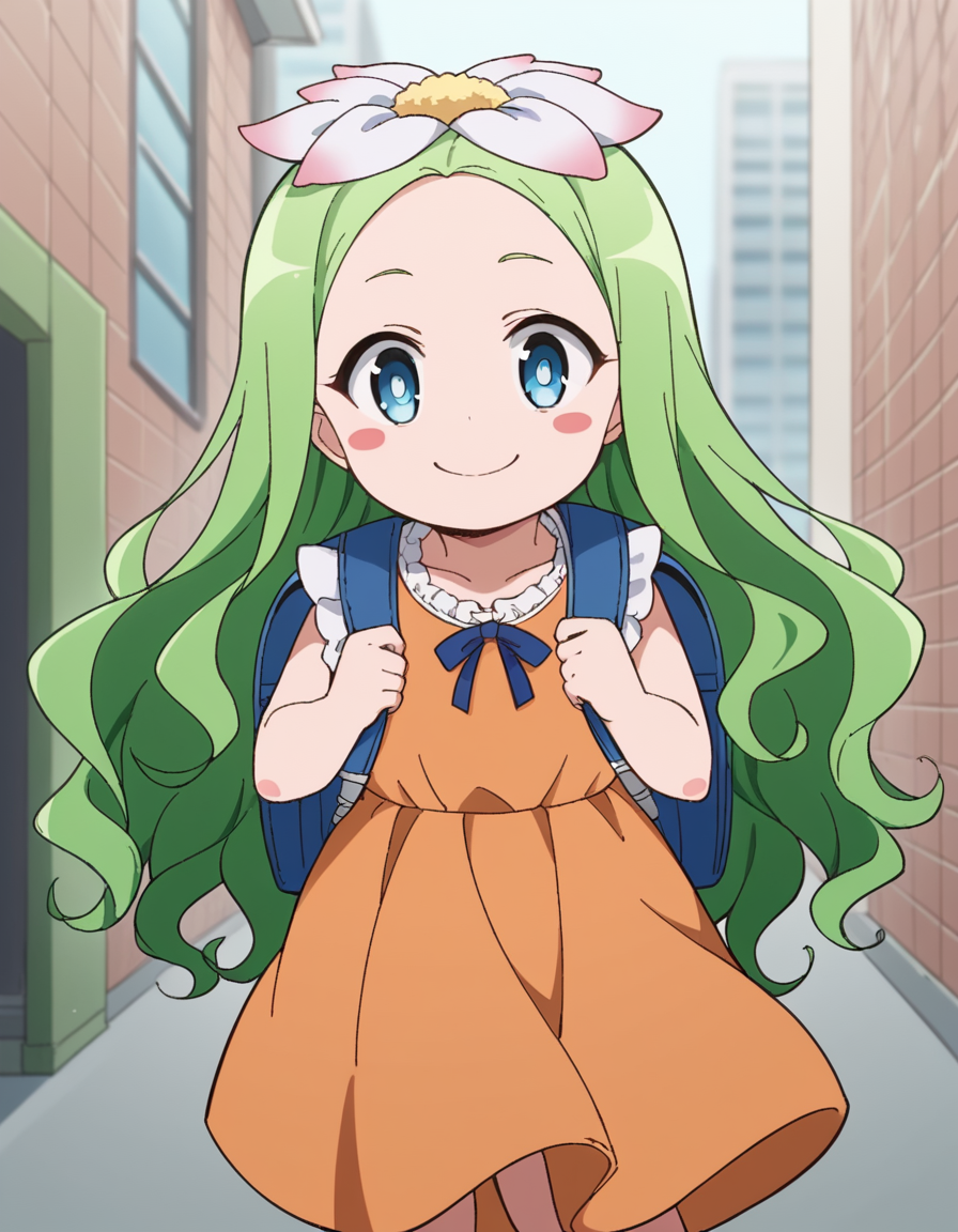 score_9, score_8_up, score_7_up, source_anime, <lora:celine-darkness-ponyxl-lora-nochekaiser:1>, celine, long hair, blue eyes, hair ornament, flower, green hair, hair flower, wavy hair, blush stickers,, dress, backpack, orange dress, frills,, alley, narrow, urban, dark, buildings, , smile, looking at viewer, solo,, dutch angle, cowboy shot