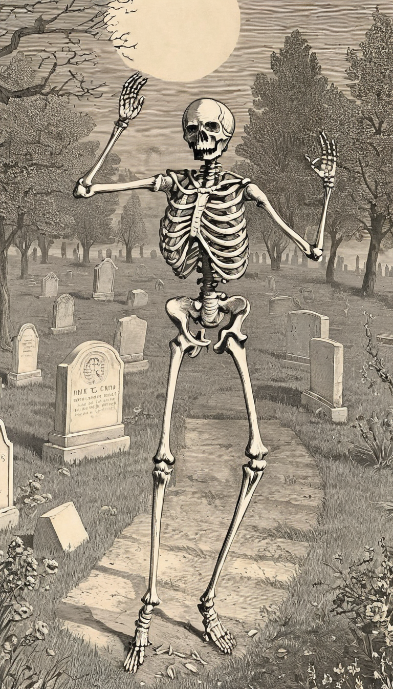 skeleton dancing in graveyard <lora:vntg-line-art-v2:1> vntg, line-art