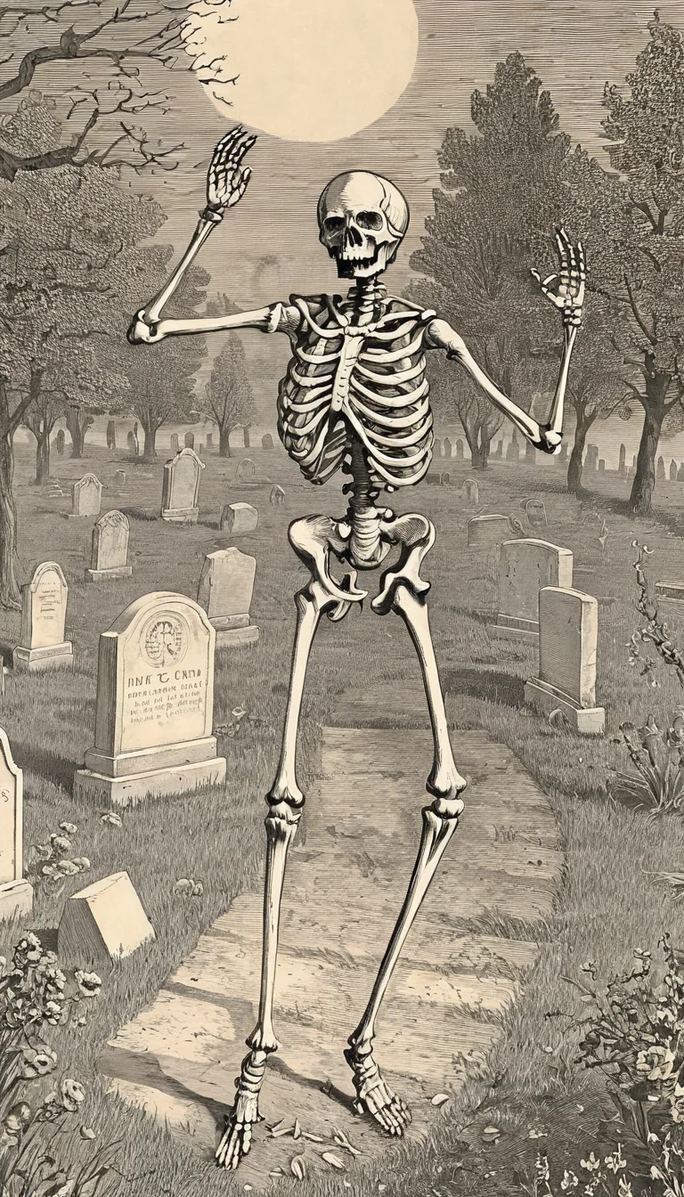 skeleton dancing in graveyard <lora:vntg-line-art-v2:1> vntg, line-art
